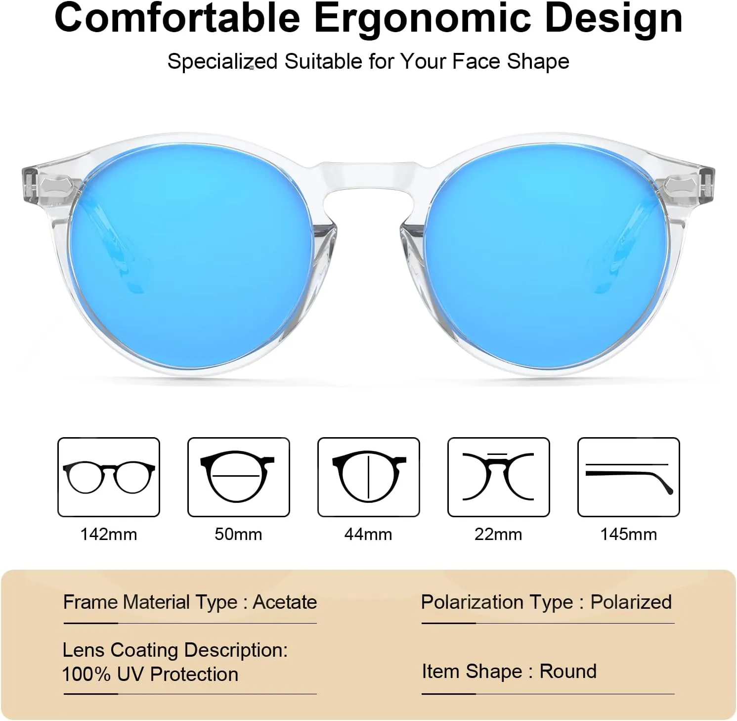CARFIA Acetate Polarized Sunglasses for Men Retro Classic Round Shades