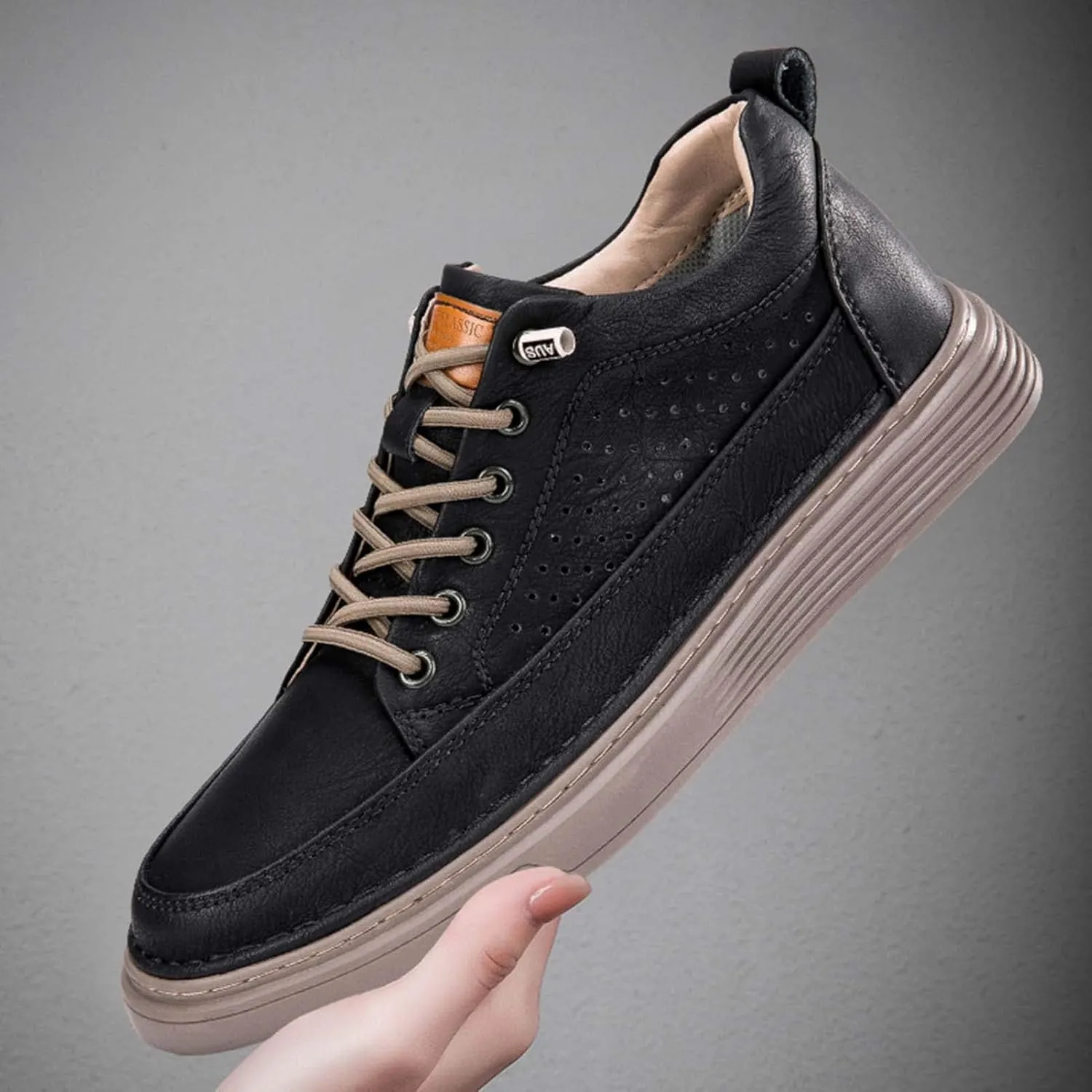 CERYTHRINA Men's Invisible Height Increasing Elevator Shoes 2.5 Inches Taller Height Casual Sneakers Comforts Leather Skeleton Shoes