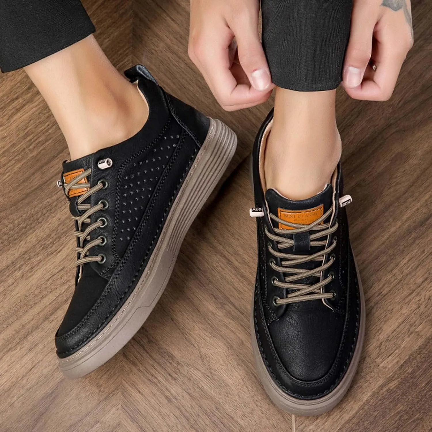 CERYTHRINA Men's Invisible Height Increasing Elevator Shoes 2.5 Inches Taller Height Casual Sneakers Comforts Leather Skeleton Shoes