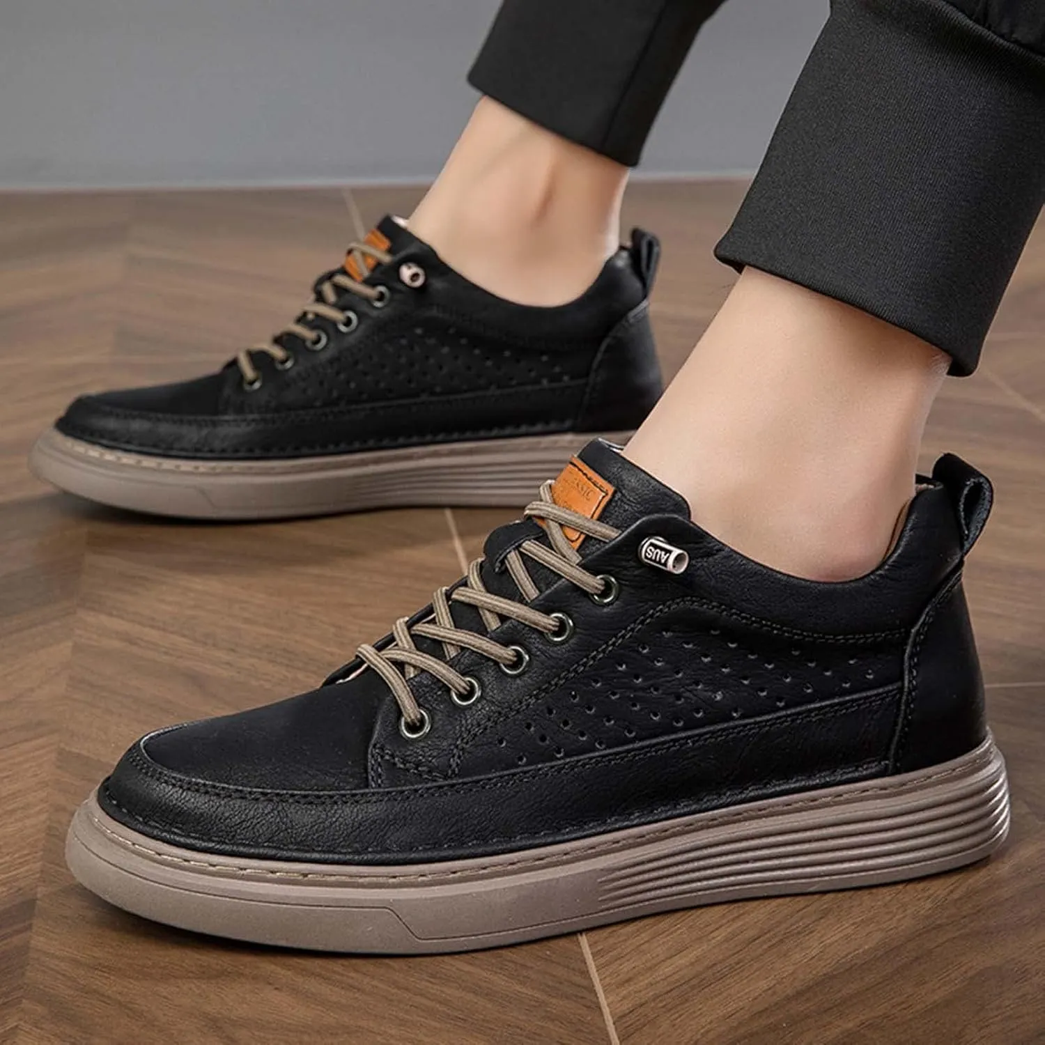 CERYTHRINA Men's Invisible Height Increasing Elevator Shoes 2.5 Inches Taller Height Casual Sneakers Comforts Leather Skeleton Shoes