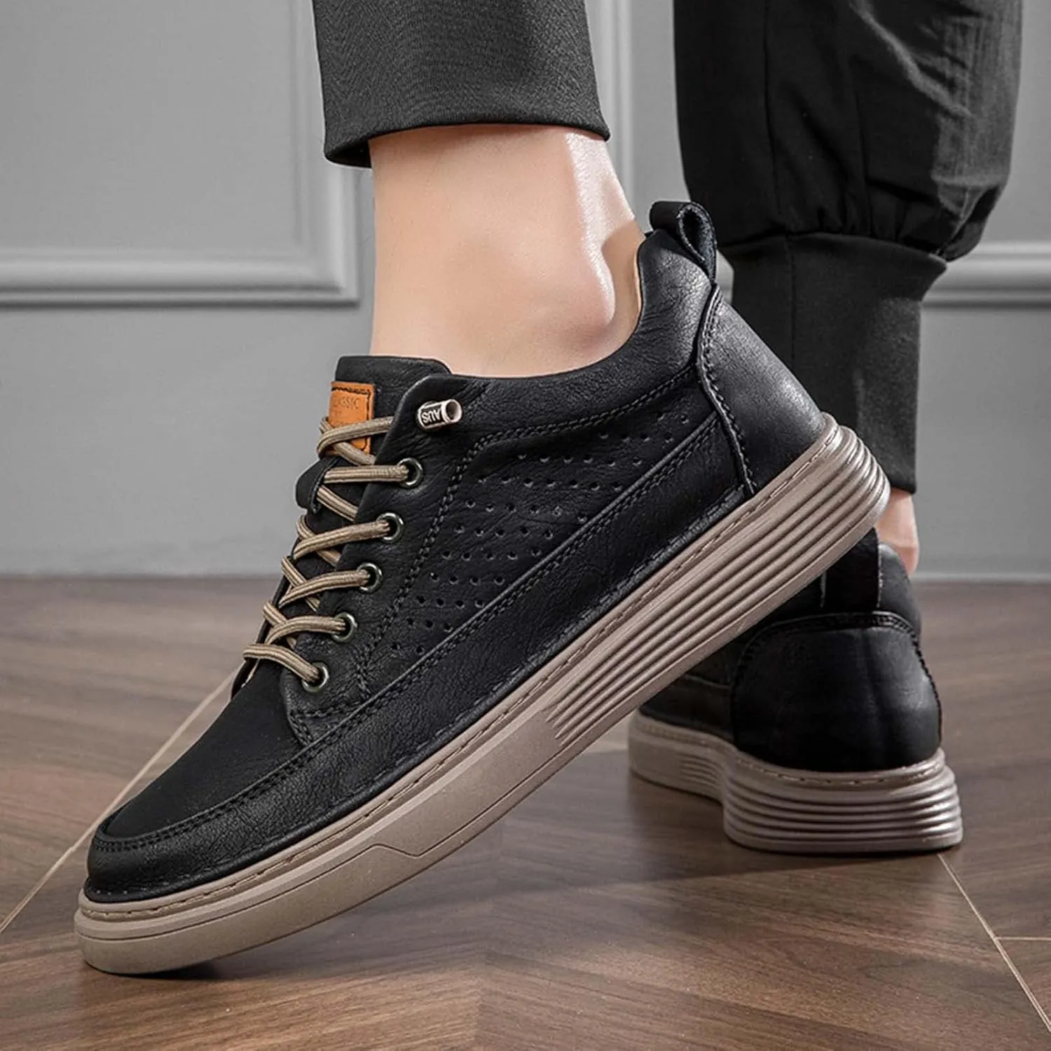 CERYTHRINA Men's Invisible Height Increasing Elevator Shoes 2.5 Inches Taller Height Casual Sneakers Comforts Leather Skeleton Shoes