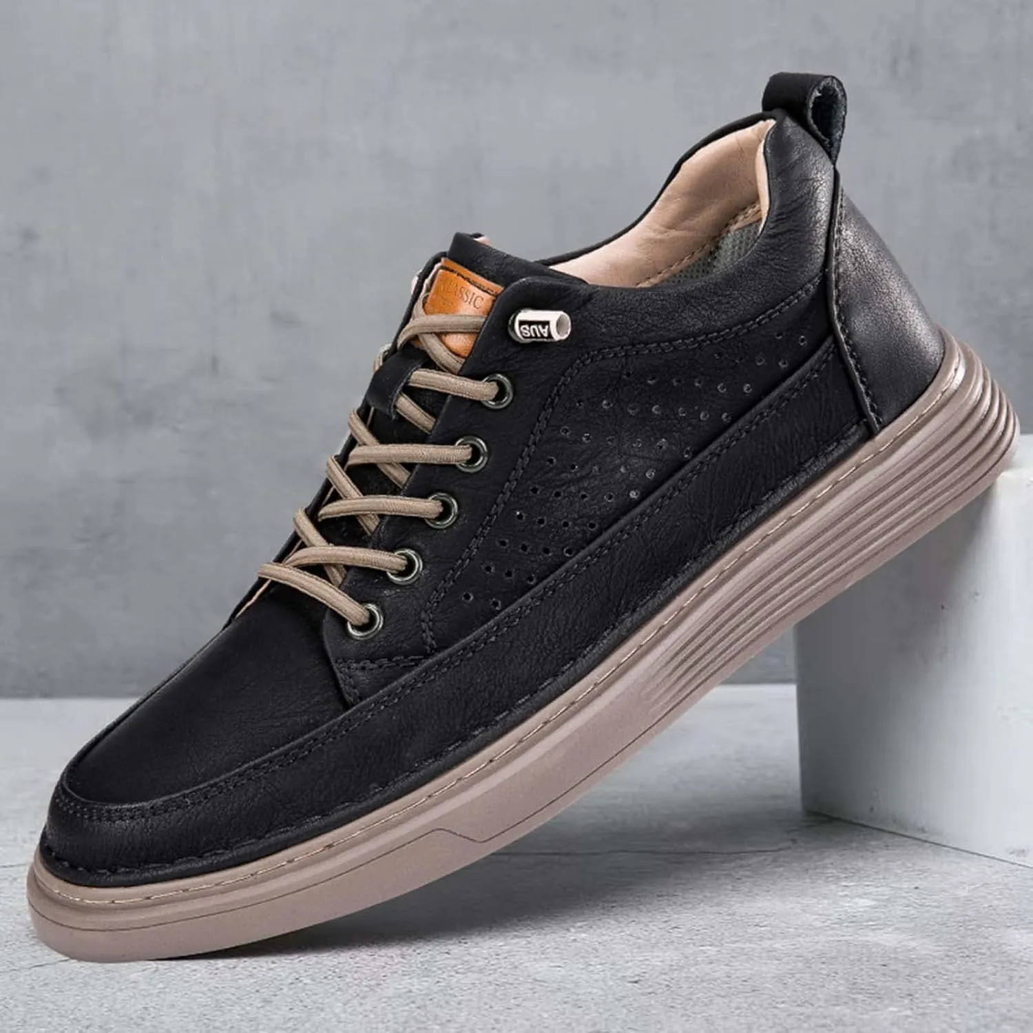 CERYTHRINA Men's Invisible Height Increasing Elevator Shoes 2.5 Inches Taller Height Casual Sneakers Comforts Leather Skeleton Shoes