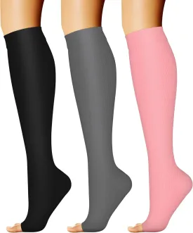 CHARMKING 3 Pairs Open Toe Compression Socks for Women & Men Circulation 15-20 mmHg is Best Support for All Day Wear