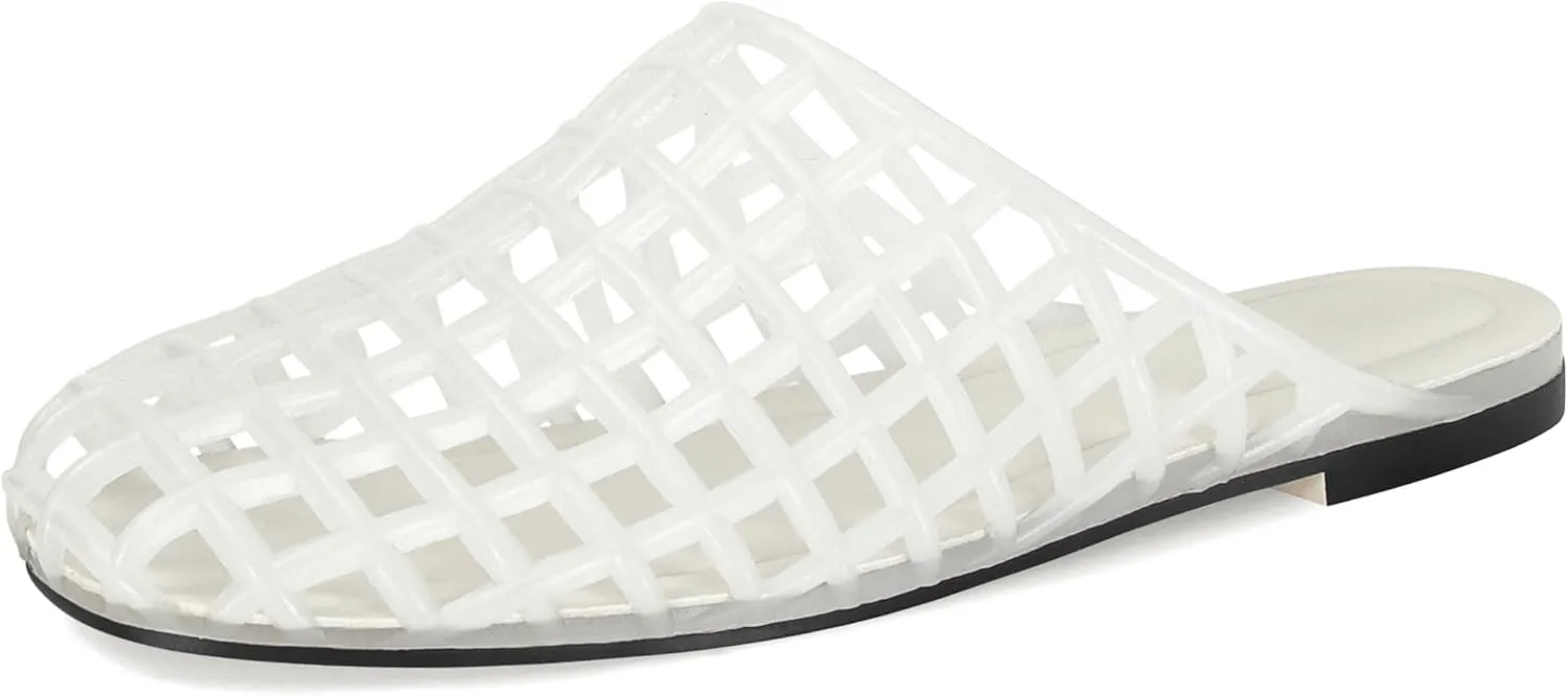 Clear Jelly Flats for Women Closed Toe Mesh Hollow Jellies Mule Sandals Slip On Jelly Slides Casual Comfortable Summer Beach Slipper Sandals
