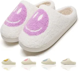 Cute House Slippers for Women Men with Memory Foam Retro Happy Face Cozy Indoor Outdoor Fuzzy Plush Shoes