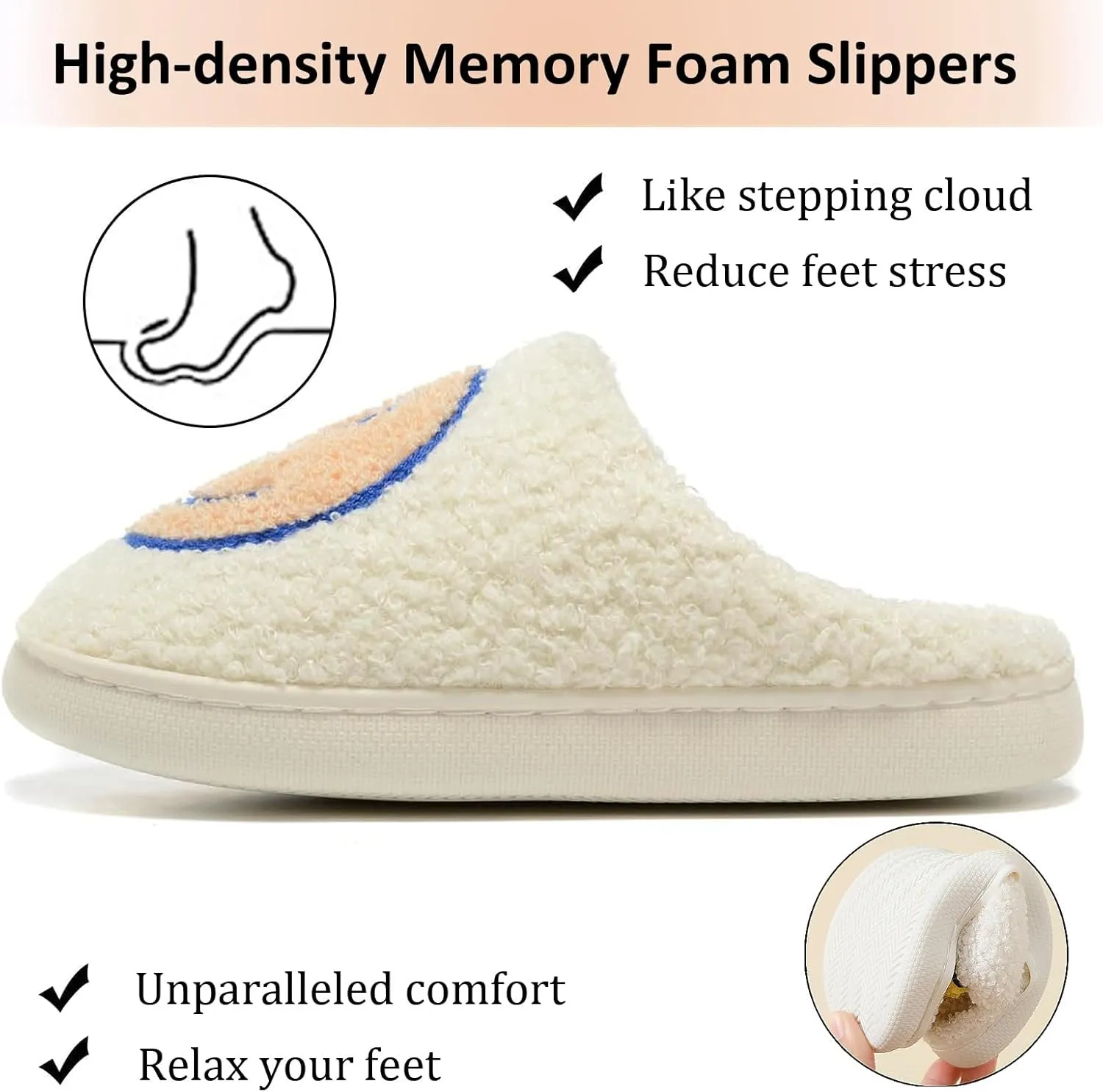 Cute House Slippers for Women Men with Memory Foam Retro Happy Face Cozy Indoor Outdoor Fuzzy Plush Shoes