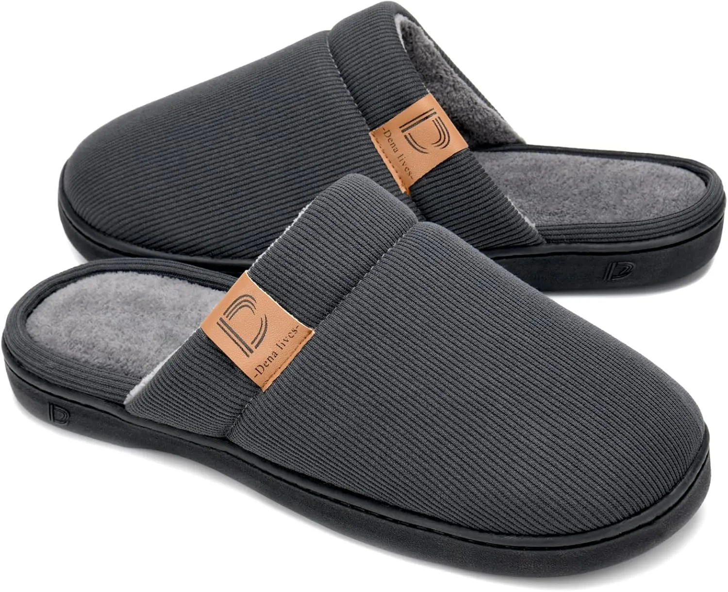 DL Men's Memory Foam Slippers with Fuzzy Plush Lining, Slip on House Slippers with Indoor Outdoor Anti-Skid Rubber Sole