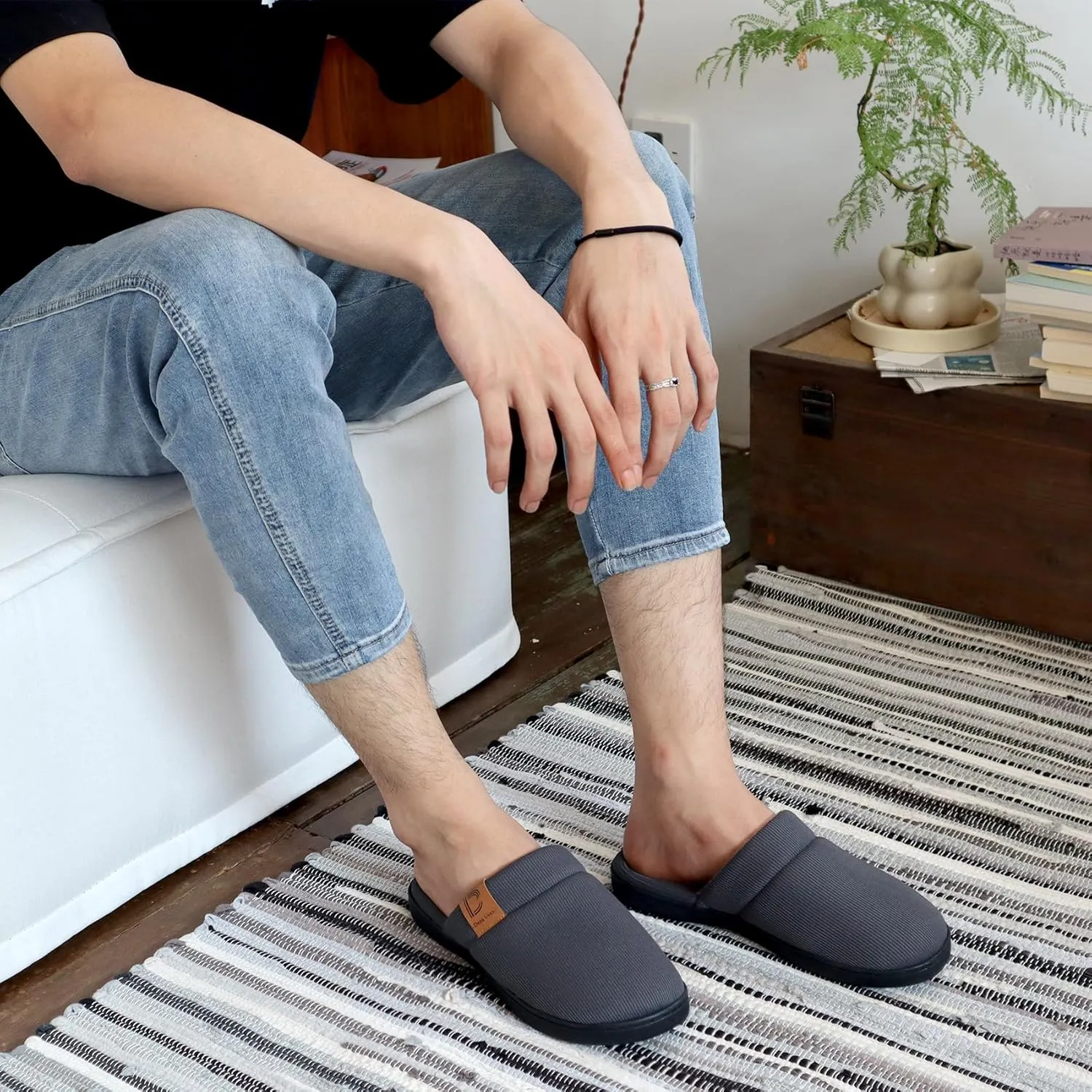 DL Men's Memory Foam Slippers with Fuzzy Plush Lining, Slip on House Slippers with Indoor Outdoor Anti-Skid Rubber Sole