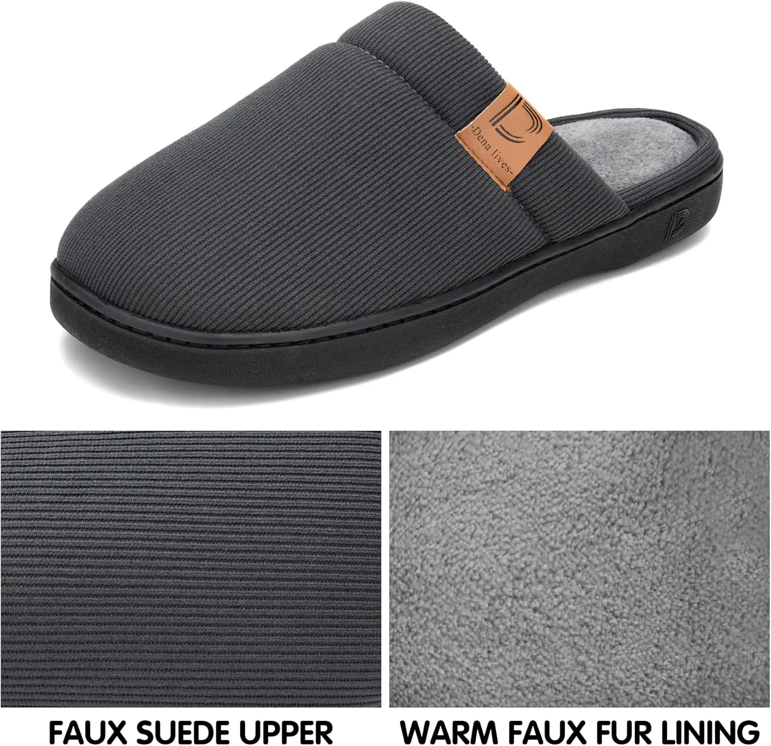 DL Men's Memory Foam Slippers with Fuzzy Plush Lining, Slip on House Slippers with Indoor Outdoor Anti-Skid Rubber Sole