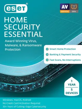 ESET Home Security Essential | Antivirus | 2025 Edition | 5 Devices | 1 Year | Parental Control | Privacy | IOT Protection | Ransomware | Digital Download [PC/Mac/Android]
