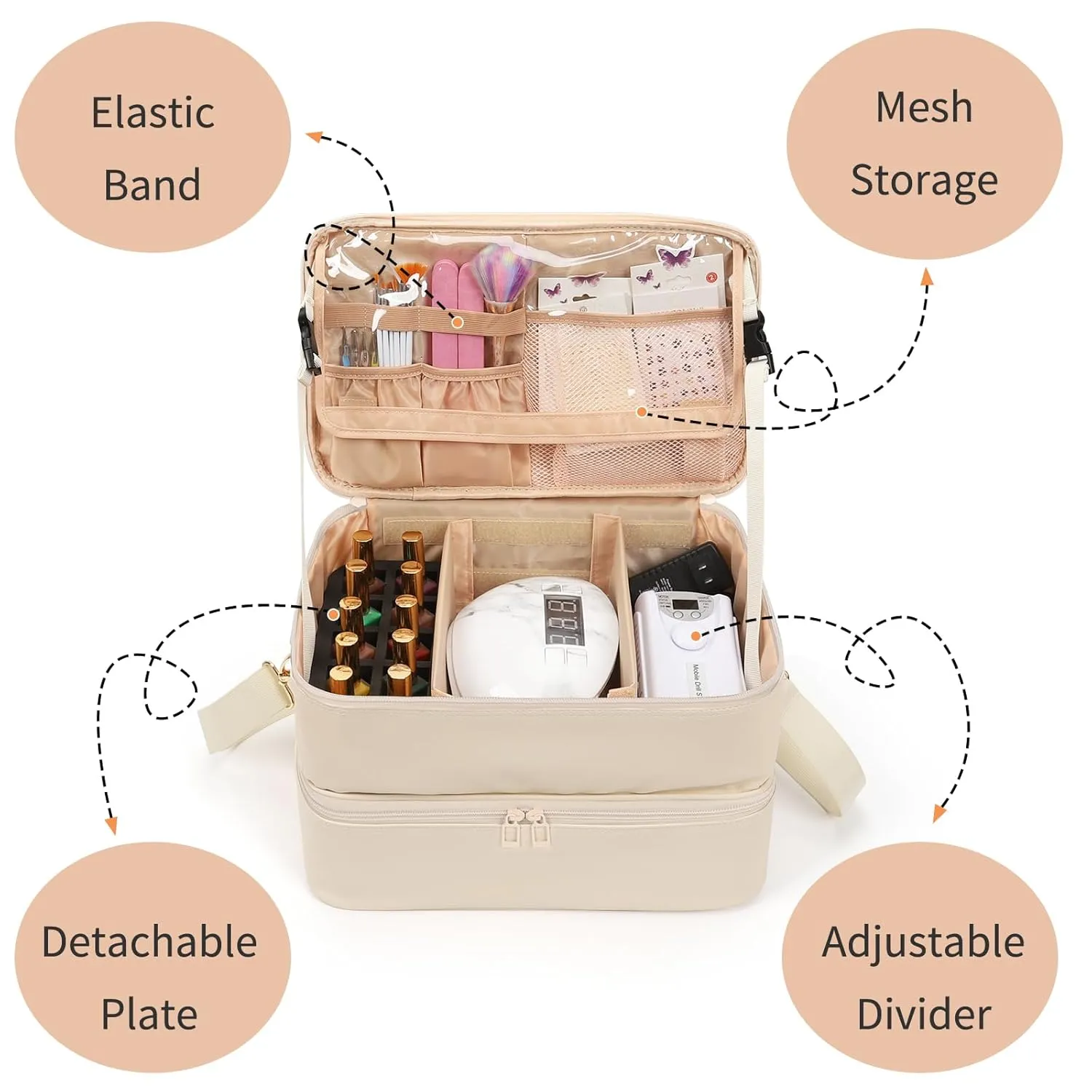Ethereal Nail Polish Organizer Case, Leather Nail Polish Bag Holds 50  Bottles (5ml/0.5fl.oz) and Nail Lamp, Nail Storage Organizer with Compartment, Leather White