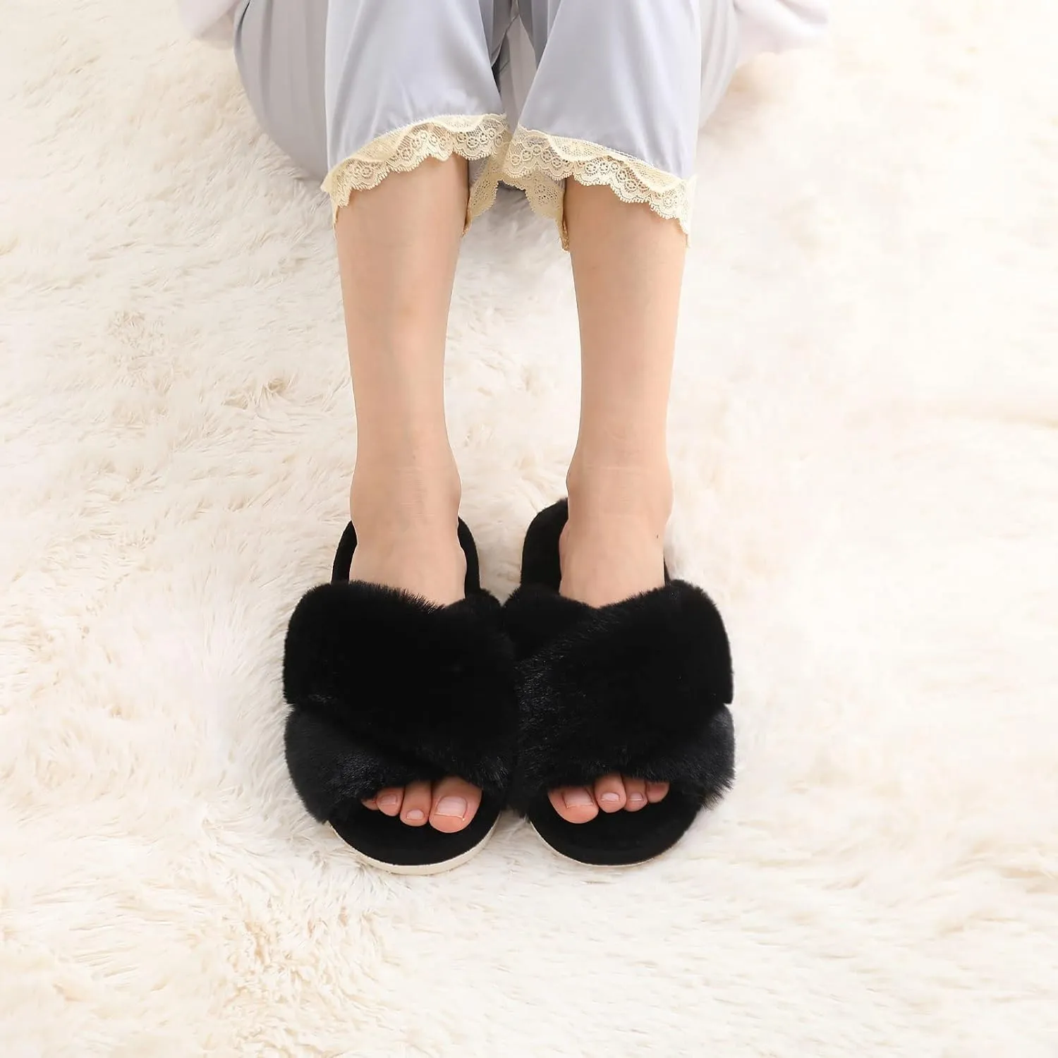 Evshine Women's Fuzzy Slippers Cross Band Memory Foam House Slippers Open Toe