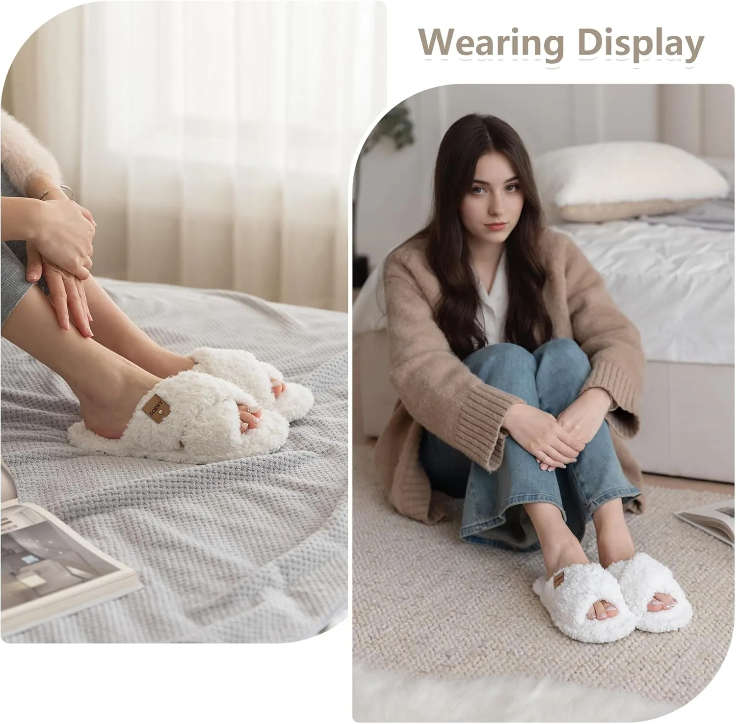 Fuzzy Open Toe Slippers for Women Indoor and Outdoor with Memory Foam Cozy Cross Band Cute Slipper Soft House Shoes Slides Slip On Gifts for Women Mom Her Ladies Bridesmaid