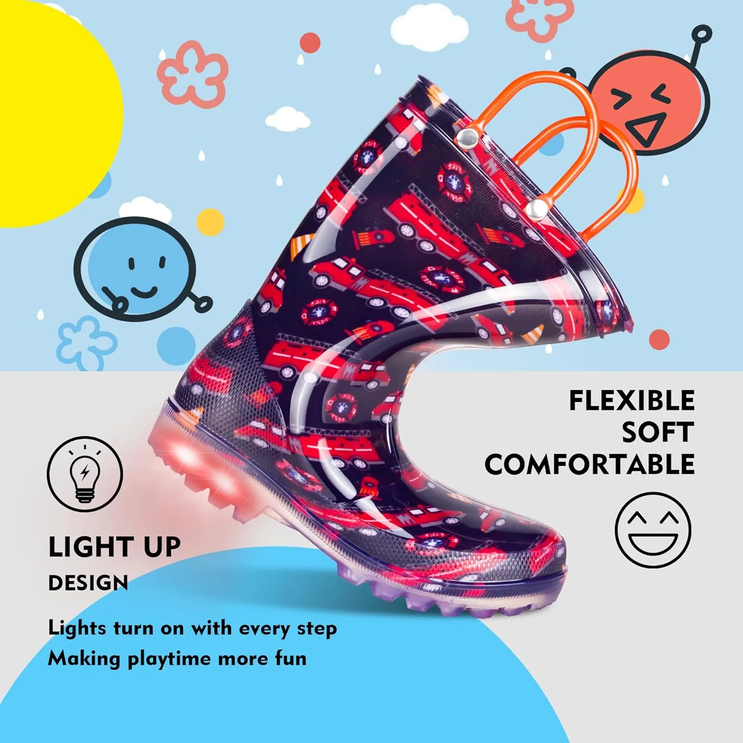 GAWBAW Toddler Rain Boots Kids With Glitter Light up Rain Boots With Easy-on Handles Waterproof For Boys and Girls