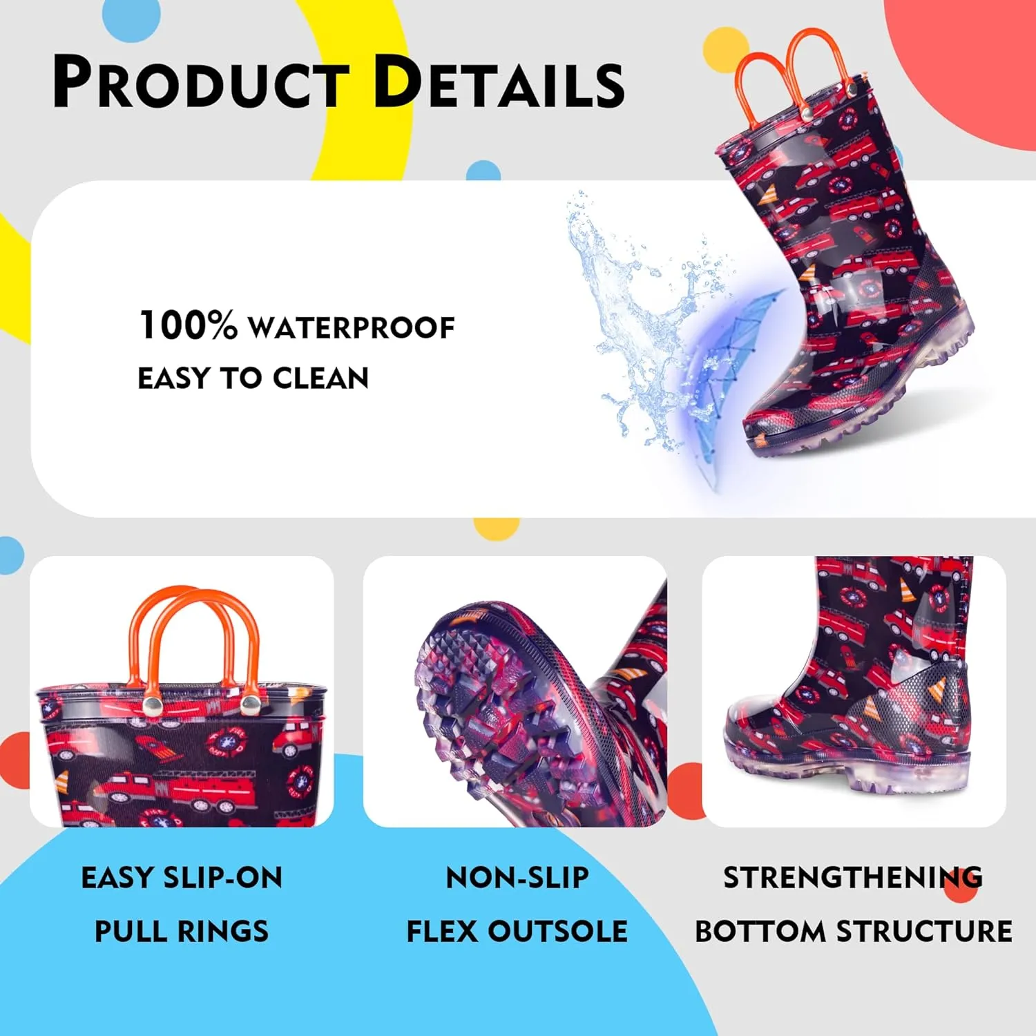 GAWBAW Toddler Rain Boots Kids With Glitter Light up Rain Boots With Easy-on Handles Waterproof For Boys and Girls