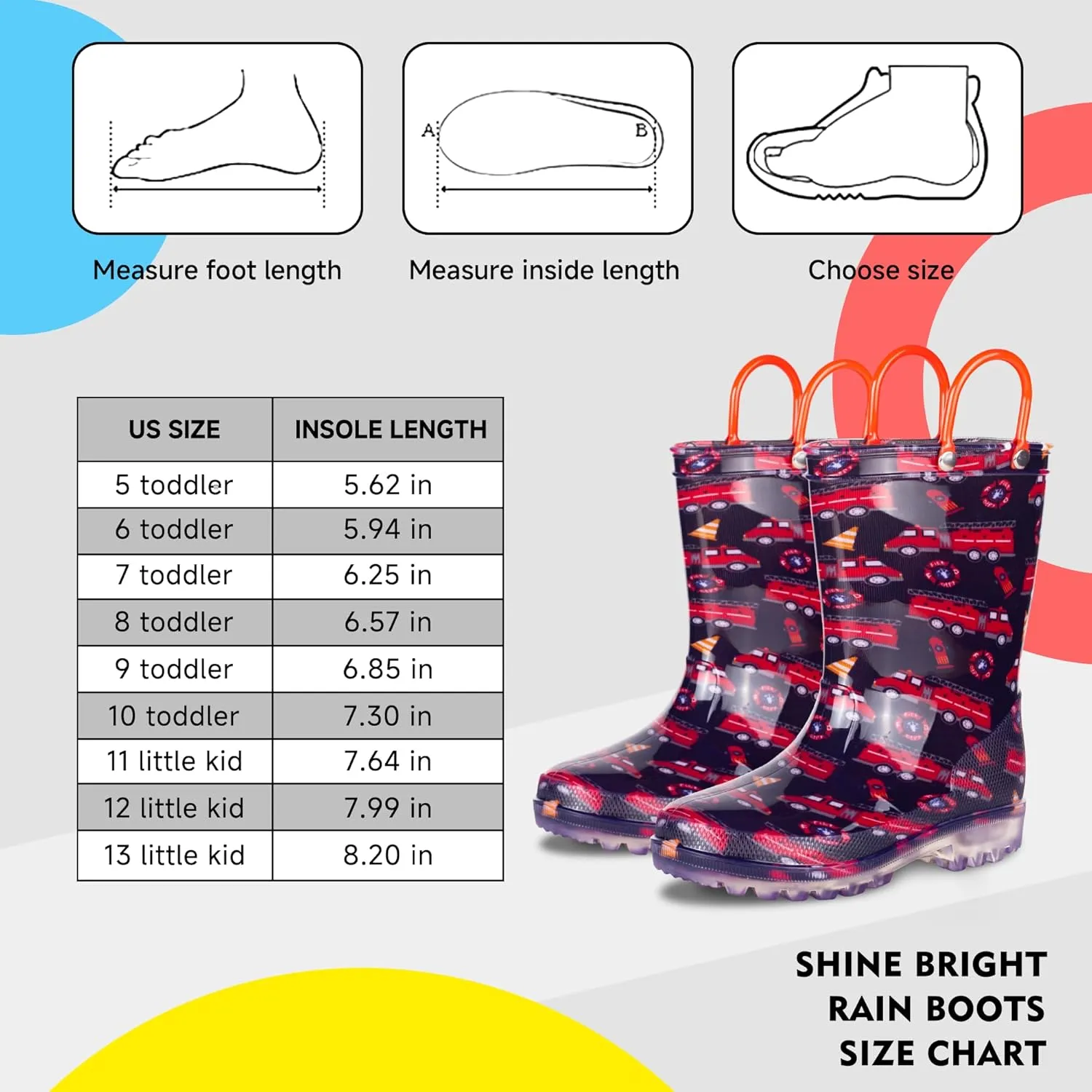 GAWBAW Toddler Rain Boots Kids With Glitter Light up Rain Boots With Easy-on Handles Waterproof For Boys and Girls