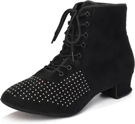 HROYL Women's Latin Dance Boots Low Heel Close Toe Ballroom Tango Performance Practice Teaching Dancing Shoes,LHD-GBNJB