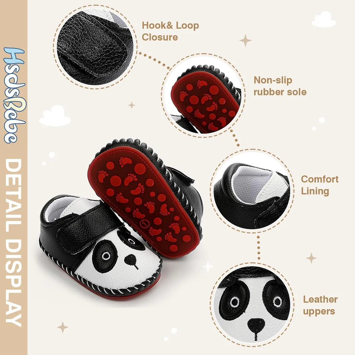 HsdsBebe Baby Boys Girls Pu Leather Hard Bottom Walking Sneakers Toddler Rubber Sole First Walkers Infant Cartoon Slippers Crib Shoes