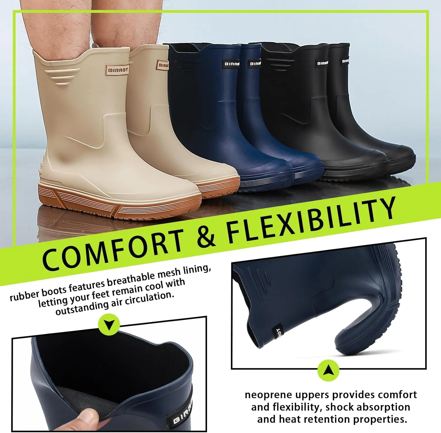 Hsttgsr Rain Boots for Men Waterproof Fashionable Rubber Boots Non-slip Outdoor Garden Boots Mid Calf Muck Work Shoes Comfort Lightweight Rainboots for Fishing Climbing