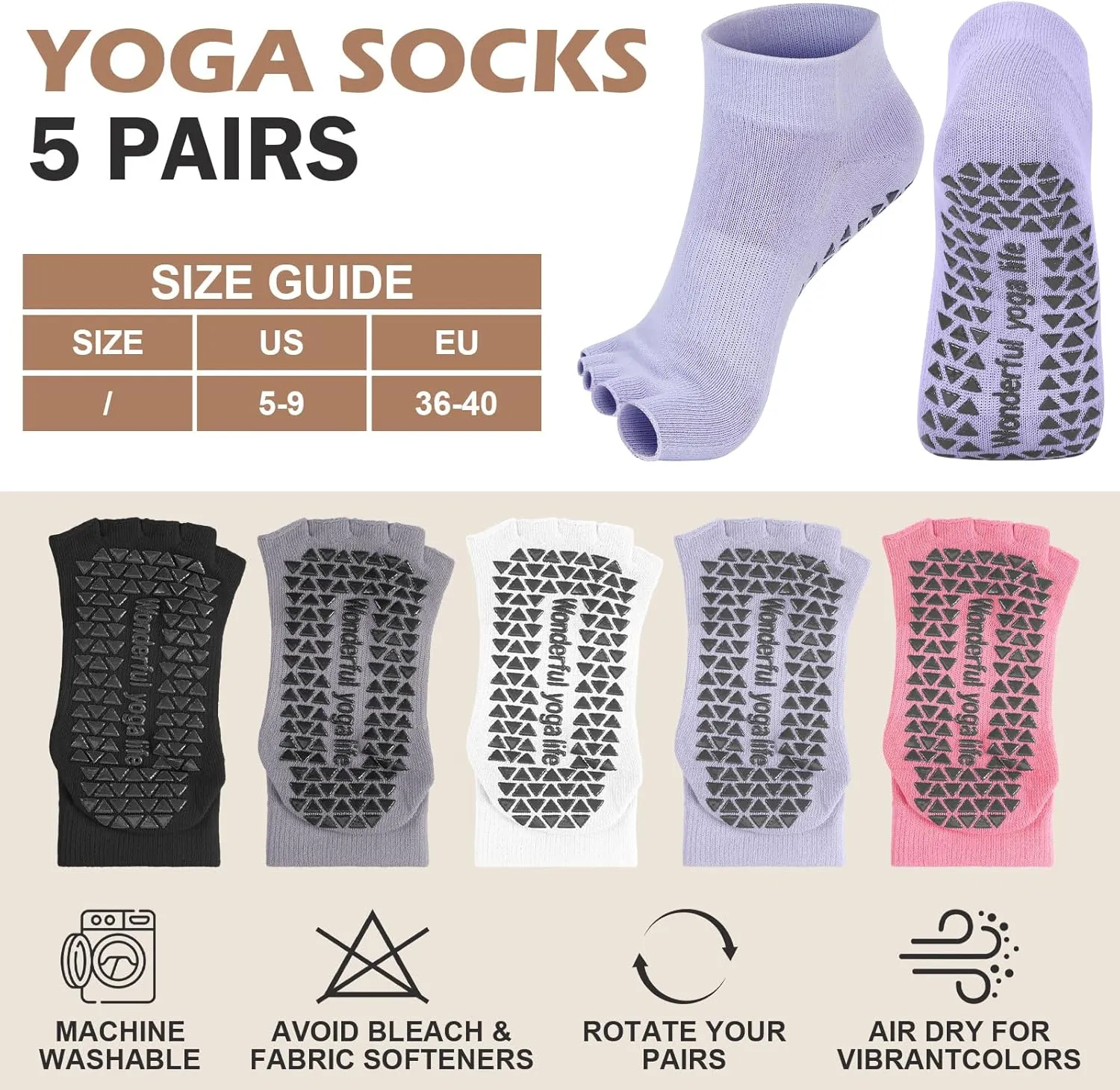 Jeyiour 5 Pairs Toeless Yoga Socks with Grips Non Slip Pilates Yoga Open Toe Pedicure Split Toe Socks for Women
