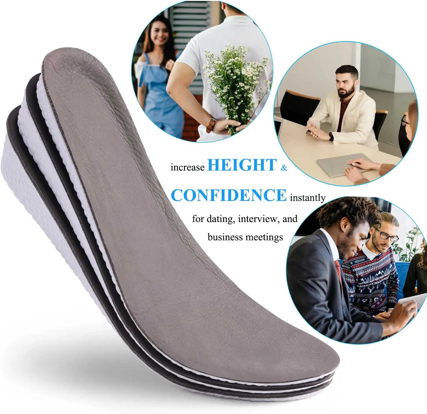 Leather Height Increase Insoles for Men Wowen Breathable Taller Cushion Shoes Insoles Heel Lift Inserts Elevator Insoles- Sweat & Shock Absorbing