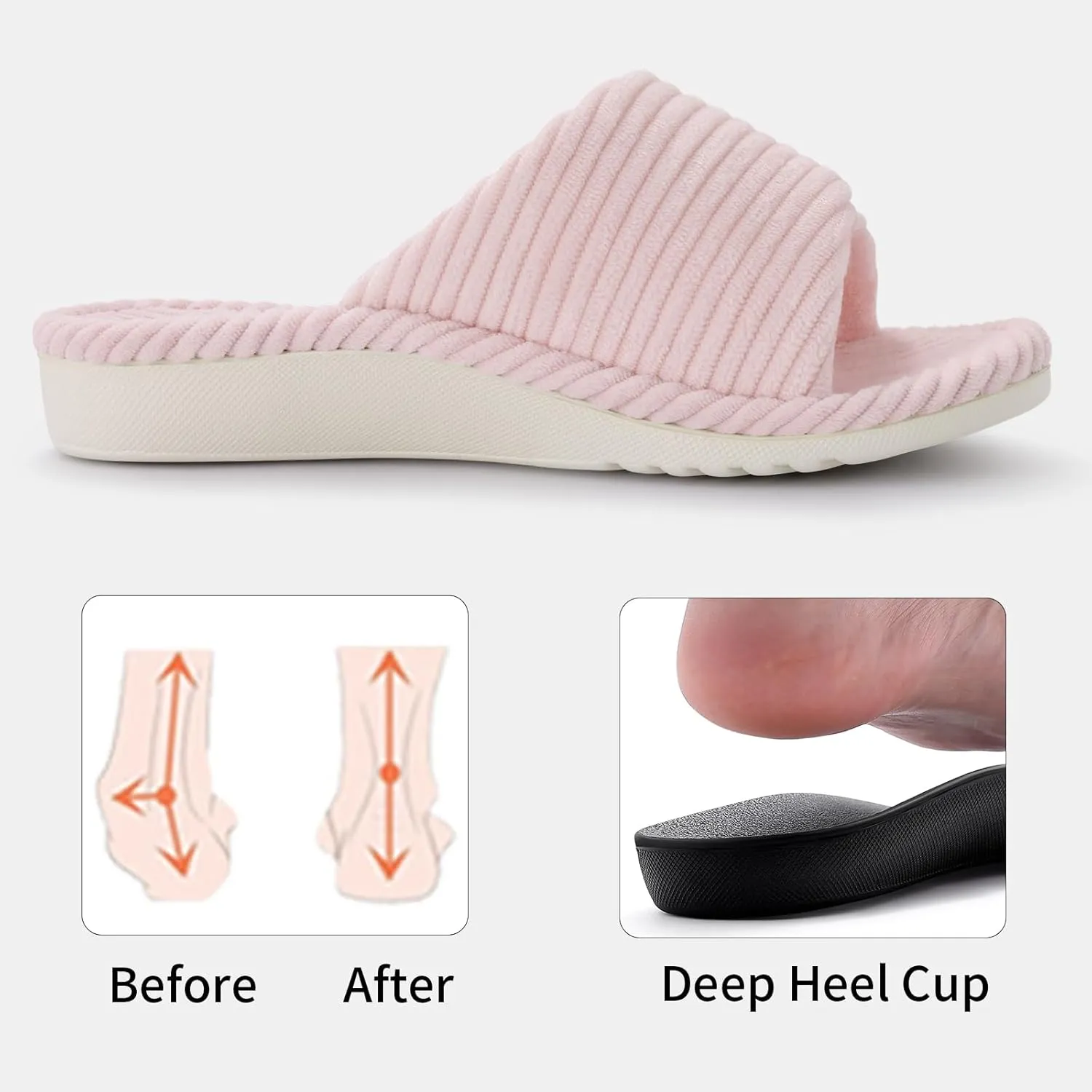 Litfun Orthopedic House Slippers for Women Adjustable Arch Support Indoor Slippers Open Toe Corduroy Bedroom Shoes