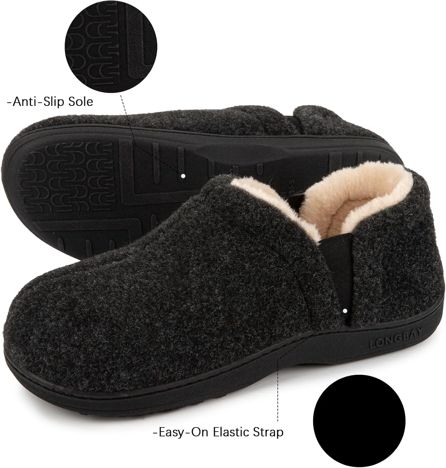 LongBay Men's Slippers Warm Bedroom House Shoes Slip-On Memory Foam Winter House Slippers for Indoor Outdoor
