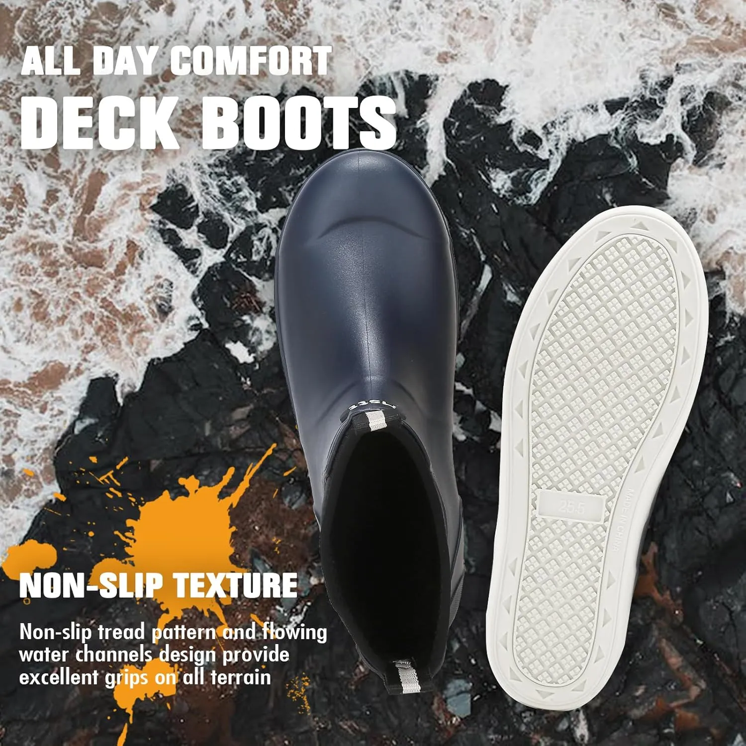 Mens Deck Boots, Deck Shoes Waterproof Rain Boots, Saltwater Fishing Ankle Boots, Non-Slip Rubber Garden Muck Boots for Gardening Boating Camping Sailing Fishing