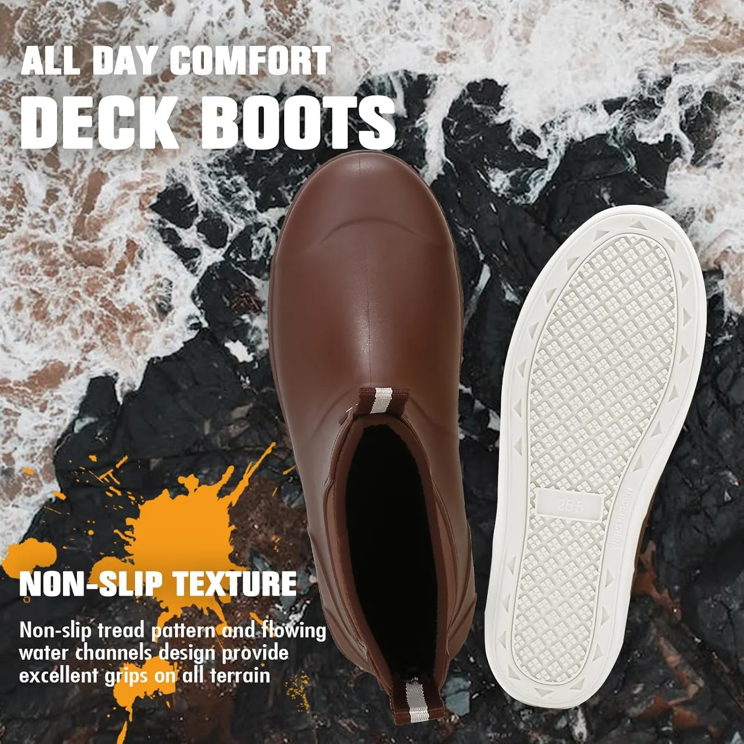 Mens Deck Boots, Deck Shoes Waterproof Rain Boots, Saltwater Fishing Ankle Boots, Non-Slip Rubber Garden Muck Boots for Gardening Boating Camping Sailing Fishing