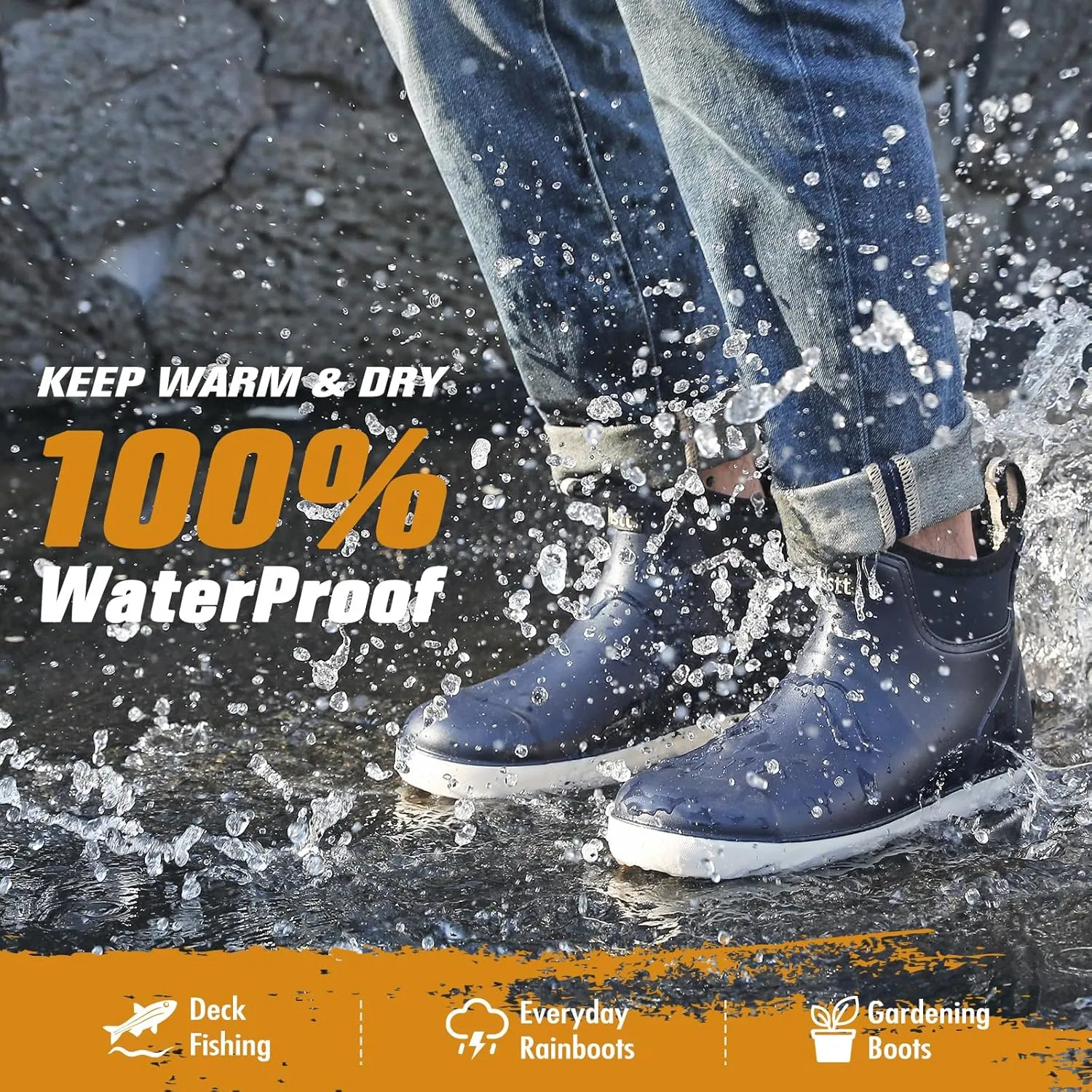 Mens Deck Boots, Deck Shoes Waterproof Rain Boots, Saltwater Fishing Ankle Boots, Non-Slip Rubber Garden Muck Boots for Gardening Boating Camping Sailing Fishing