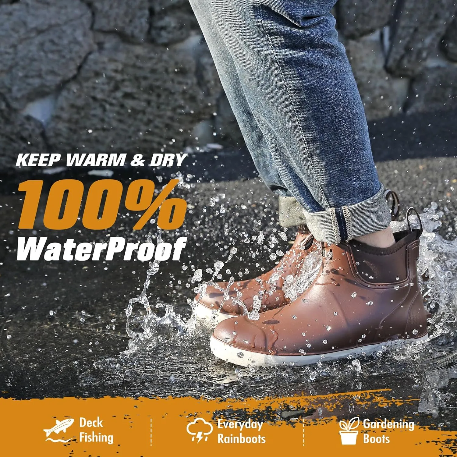 Mens Deck Boots, Deck Shoes Waterproof Rain Boots, Saltwater Fishing Ankle Boots, Non-Slip Rubber Garden Muck Boots for Gardening Boating Camping Sailing Fishing