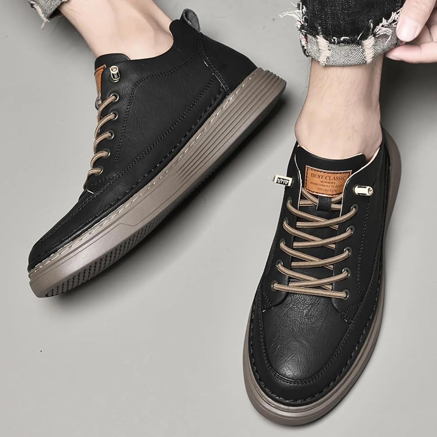 Men's Invisible Height Increasing Elevator Shoes 2.5 Inches Taller Height Sneakers Leather Casual Shoes with Breathable or Plush Lining