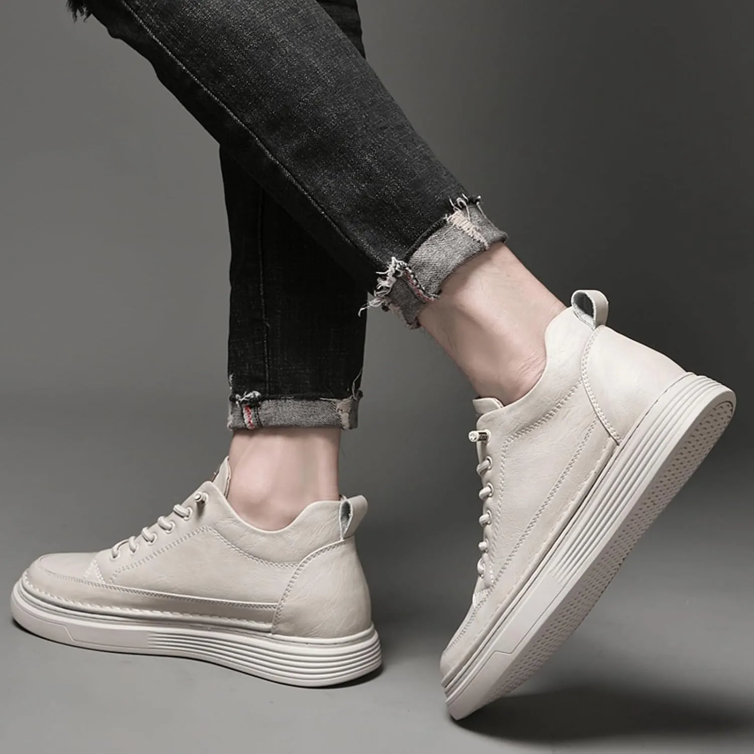 Men's Invisible Height Increasing Elevator Shoes 2.5 Inches Taller Height Sneakers Leather Casual Shoes with Breathable or Plush Lining