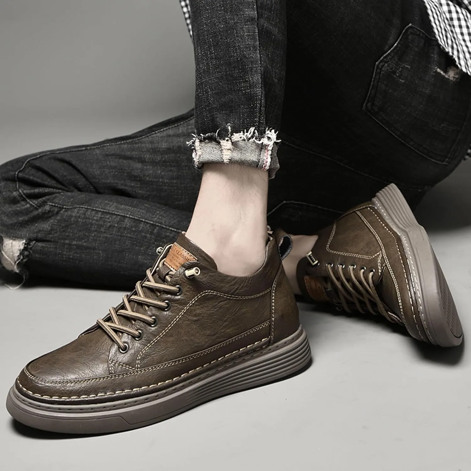 Men's Invisible Height Increasing Elevator Shoes 2.5 Inches Taller Height Sneakers Leather Casual Shoes with Breathable or Plush Lining