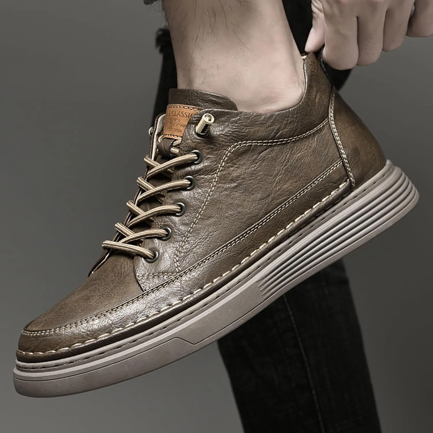 Men's Invisible Height Increasing Elevator Shoes 2.5 Inches Taller Height Sneakers Leather Casual Shoes with Breathable or Plush Lining