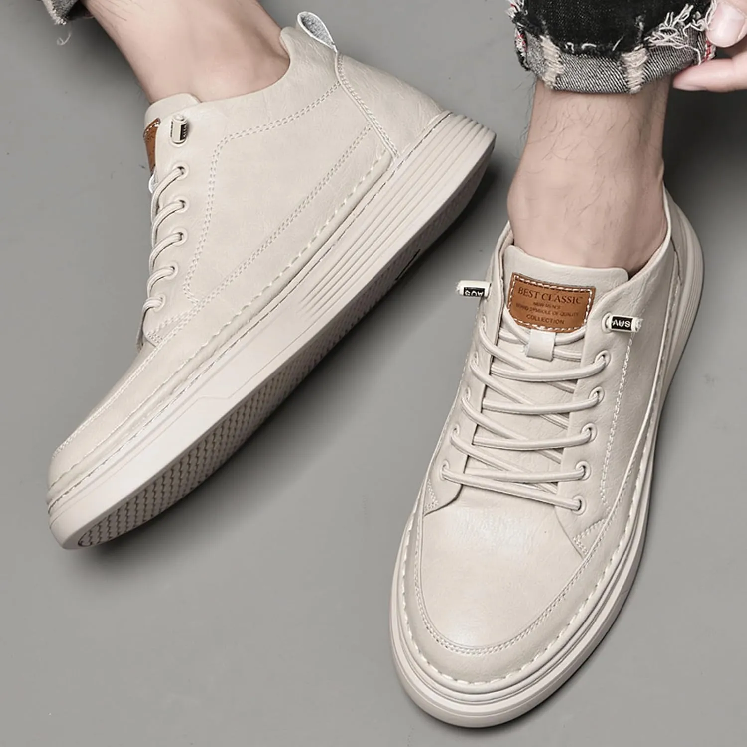 Men's Invisible Height Increasing Elevator Shoes 2.5 Inches Taller Height Sneakers Leather Casual Shoes with Breathable or Plush Lining