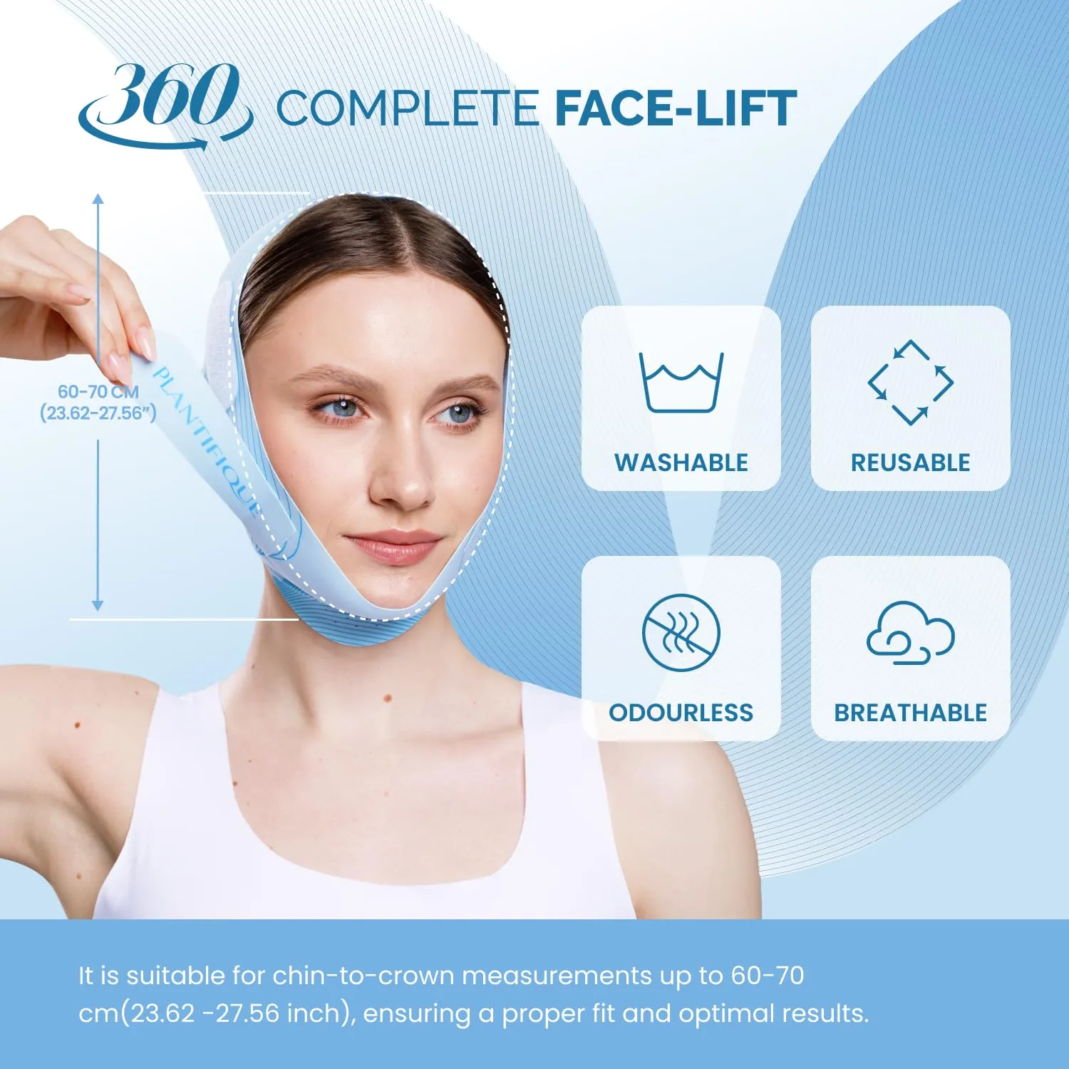 PLANTIFIQUE Chin Strap for Face Contouring - Reusable V Line Ice Silk Fabric Mask - Double Chin Shaping, Adjustable, Breathable Fabric - Jawline Shaper for Women & Men