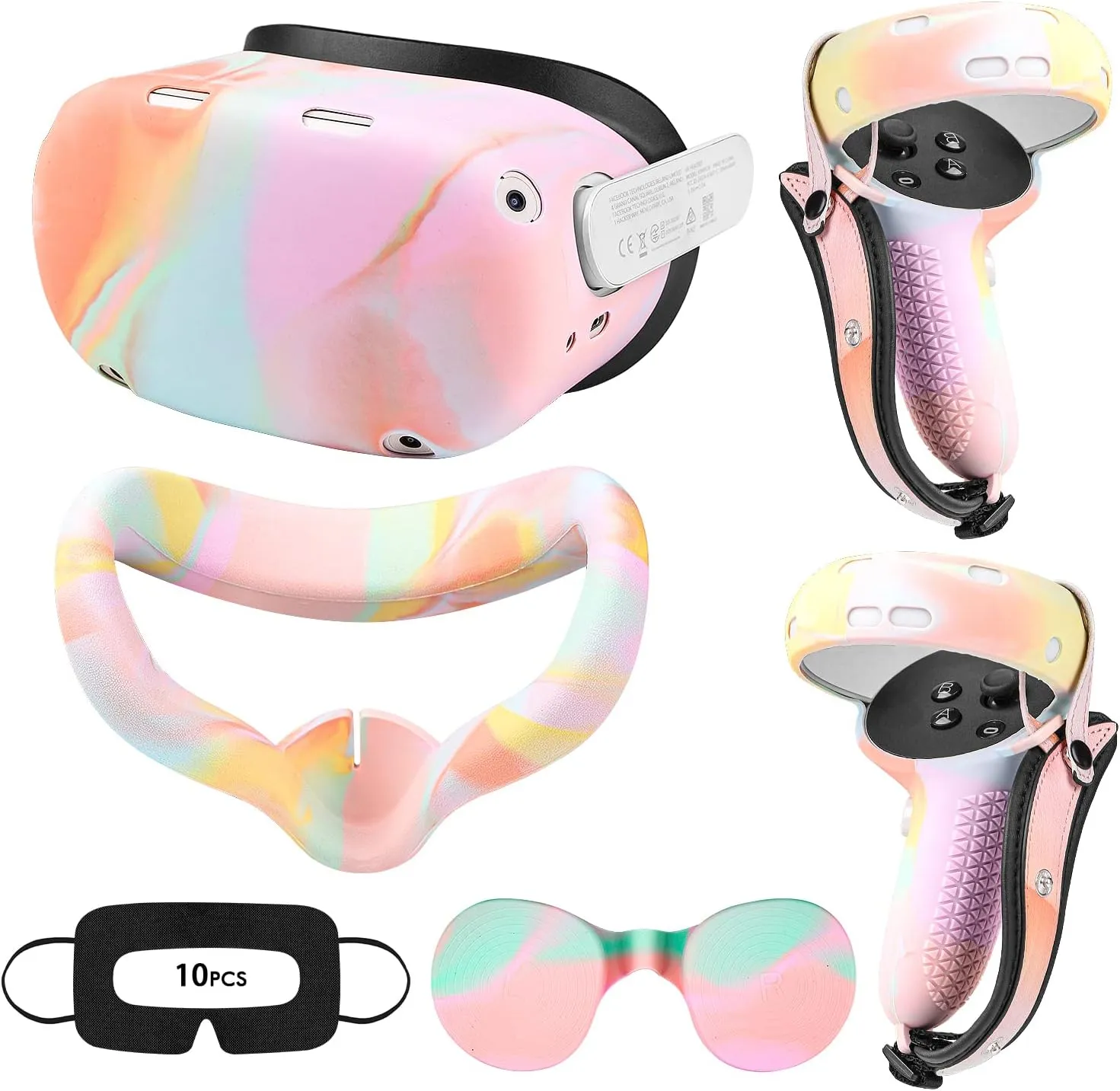 Relohas VR Accessories for Oculus Quest 2, Silicone Set for Meta Quest 2, Include Controller Grip Leather Cover, VR Shell Cover, Face Cover, Lens Cover and 10PCS Disposable Eye Cover (Macaron)