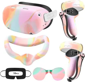Relohas VR Accessories for Oculus Quest 2, Silicone Set for Meta Quest 2, Include Controller Grip Leather Cover, VR Shell Cover, Face Cover, Lens Cover and 10PCS Disposable Eye Cover (Macaron)