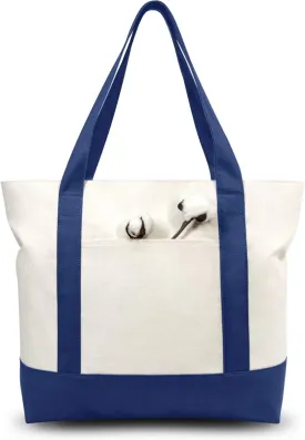 TOPDesign 30-Pack Canvas Tote Bags with an External Pocket, Reusable Grocery Shopping Bags, Top Zipper Closure, Daily Essentials (Blue/Natural)
