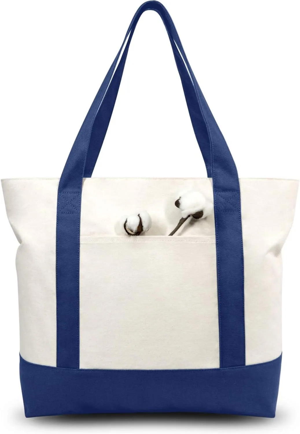 TOPDesign 30-Pack Canvas Tote Bags with an External Pocket, Reusable Grocery Shopping Bags, Top Zipper Closure, Daily Essentials (Blue/Natural)