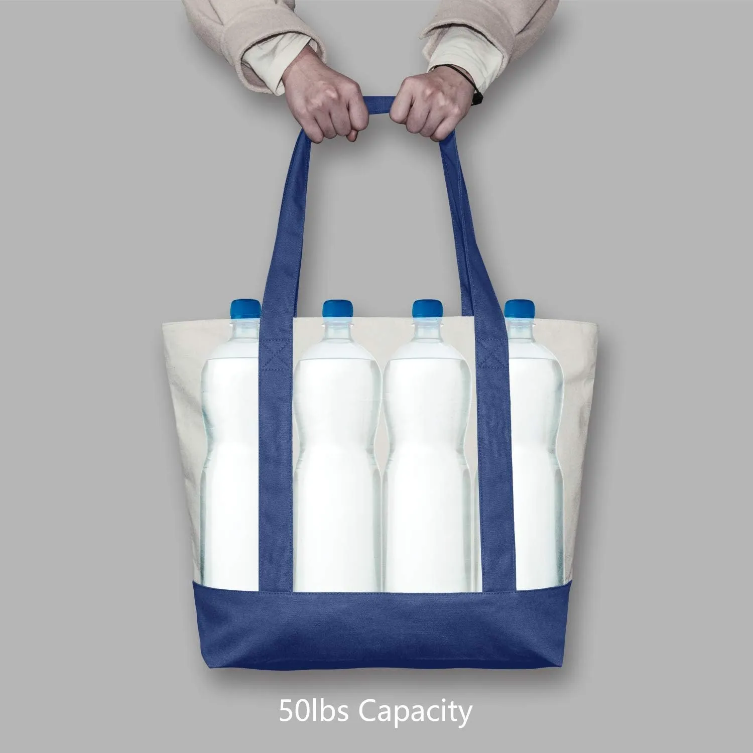 TOPDesign 30-Pack Canvas Tote Bags with an External Pocket, Reusable Grocery Shopping Bags, Top Zipper Closure, Daily Essentials (Blue/Natural)