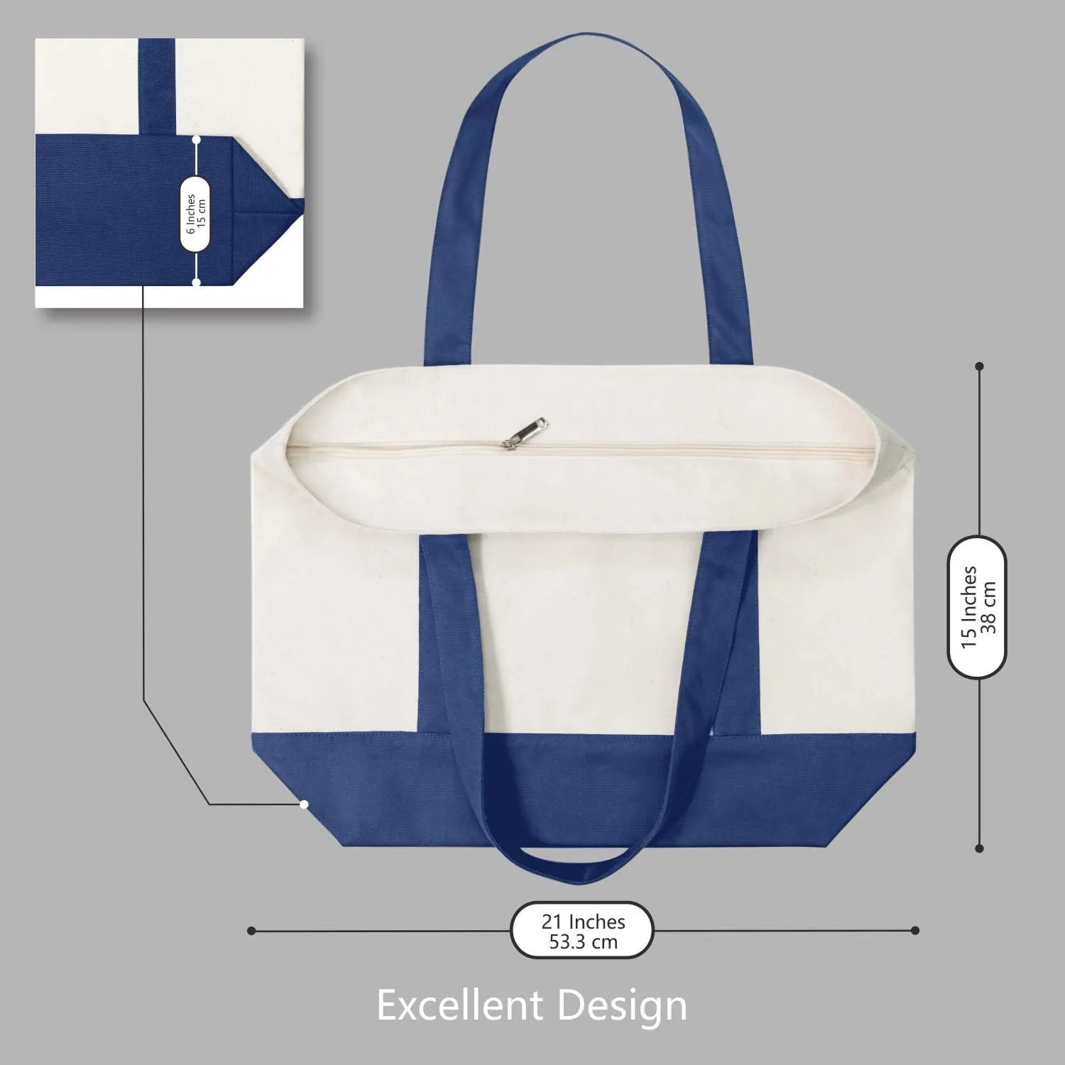 TOPDesign 30-Pack Canvas Tote Bags with an External Pocket, Reusable Grocery Shopping Bags, Top Zipper Closure, Daily Essentials (Blue/Natural)