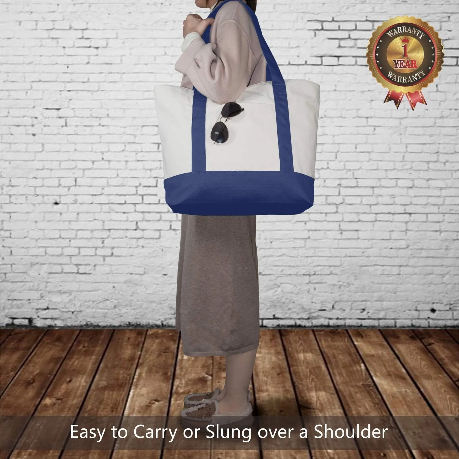 TOPDesign 30-Pack Canvas Tote Bags with an External Pocket, Reusable Grocery Shopping Bags, Top Zipper Closure, Daily Essentials (Blue/Natural)