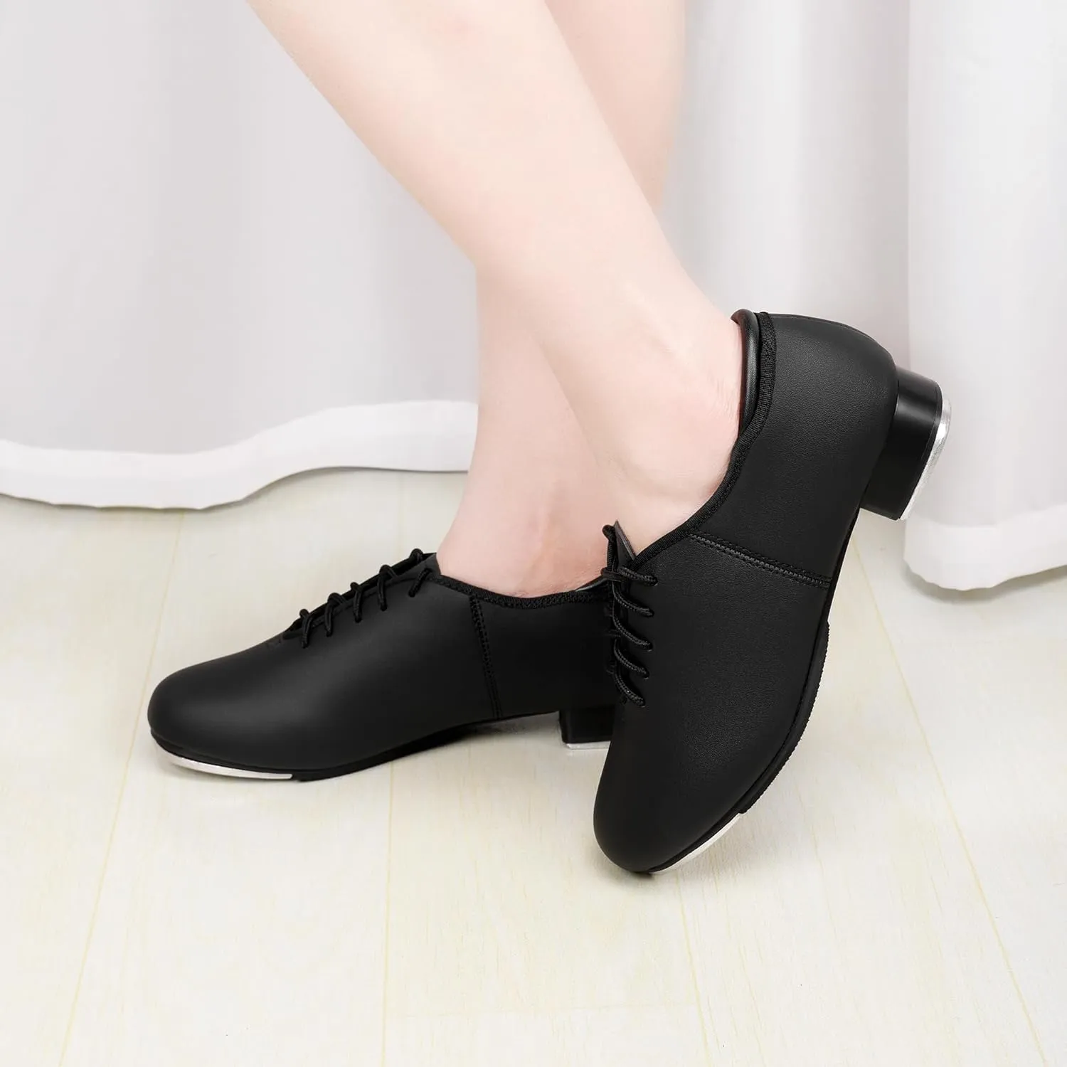 Unisex Tap Shoes PU Leather Slip On Lace-Up Dance Shoes for Women and Men
