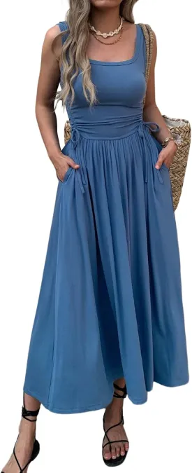Women??s Boho Summer Maxi Dress with Pockets, Adjustable Waist, Sleeveless Casual Ruched Sundress for Beach Vacation