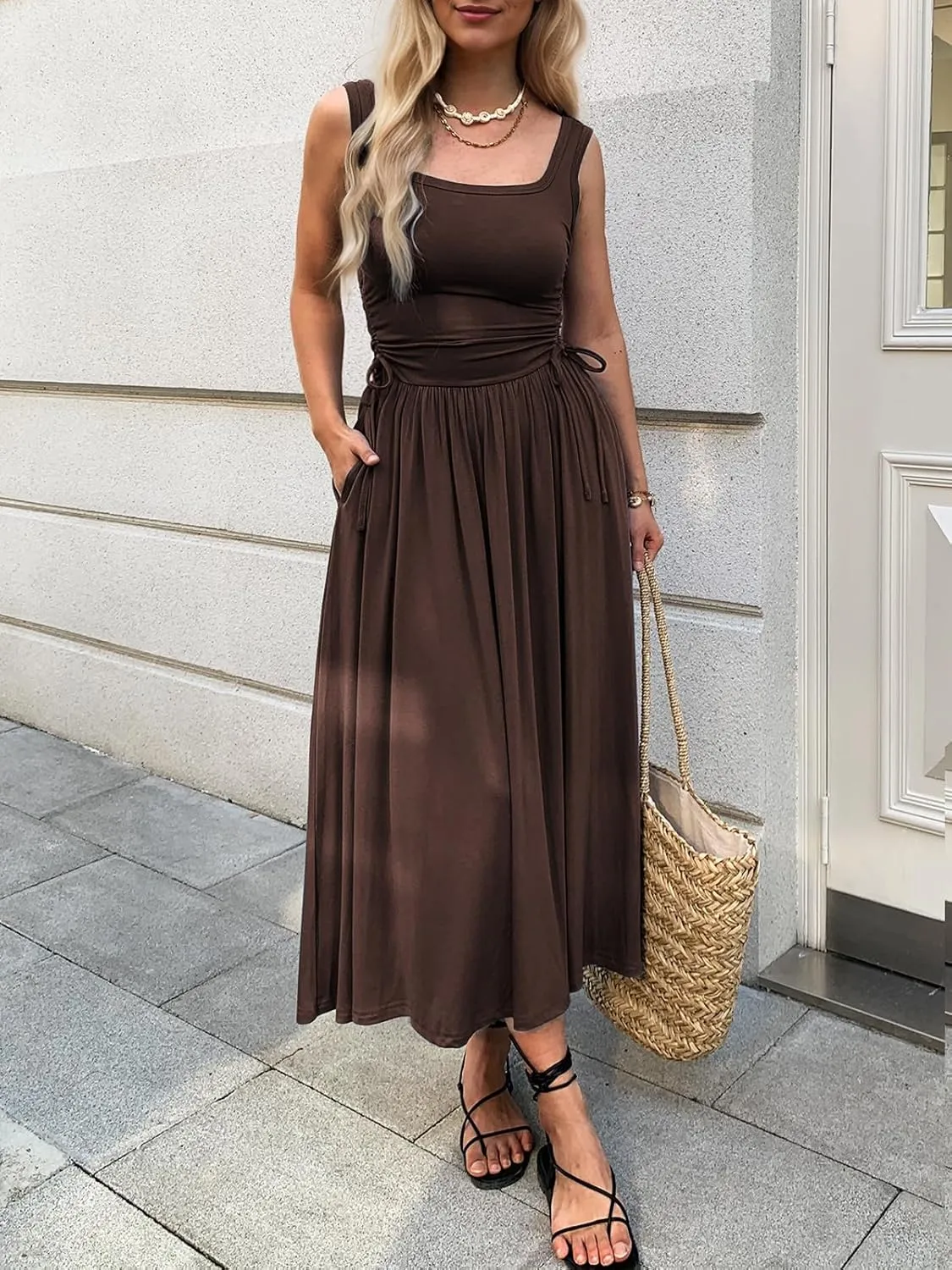 Women??s Boho Summer Maxi Dress with Pockets, Adjustable Waist, Sleeveless Casual Ruched Sundress for Beach Vacation