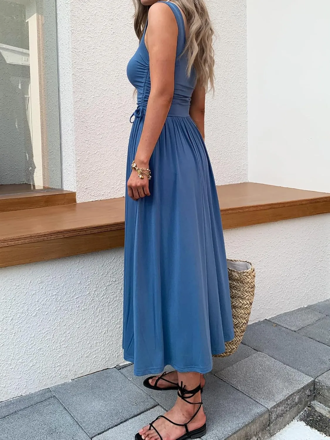 Women??s Boho Summer Maxi Dress with Pockets, Adjustable Waist, Sleeveless Casual Ruched Sundress for Beach Vacation