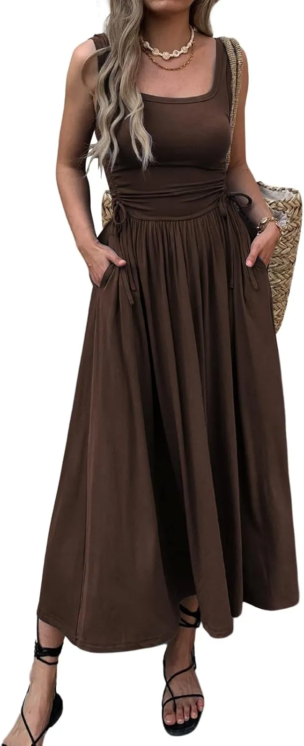 Women??s Boho Summer Maxi Dress with Pockets, Adjustable Waist, Sleeveless Casual Ruched Sundress for Beach Vacation