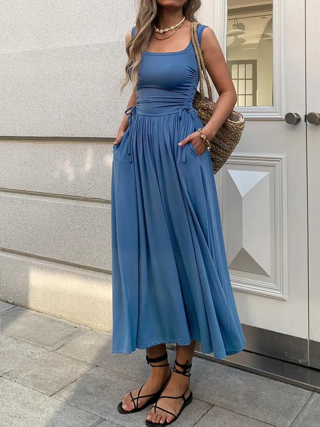 Women??s Boho Summer Maxi Dress with Pockets, Adjustable Waist, Sleeveless Casual Ruched Sundress for Beach Vacation